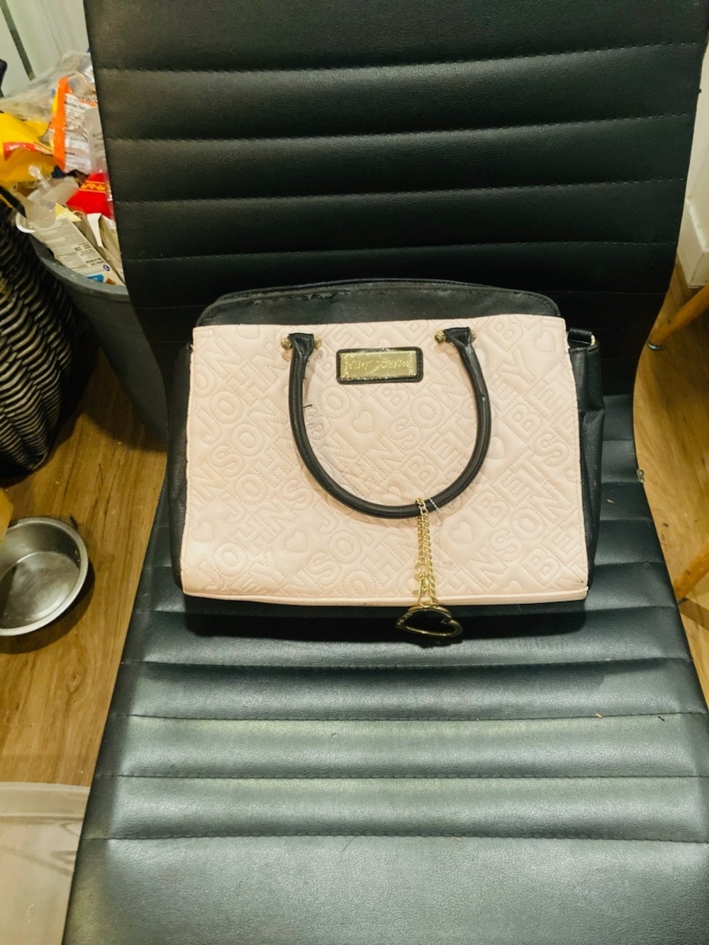 Betsey Johnson Pink & Black Embossed Satchel with Gold Charm